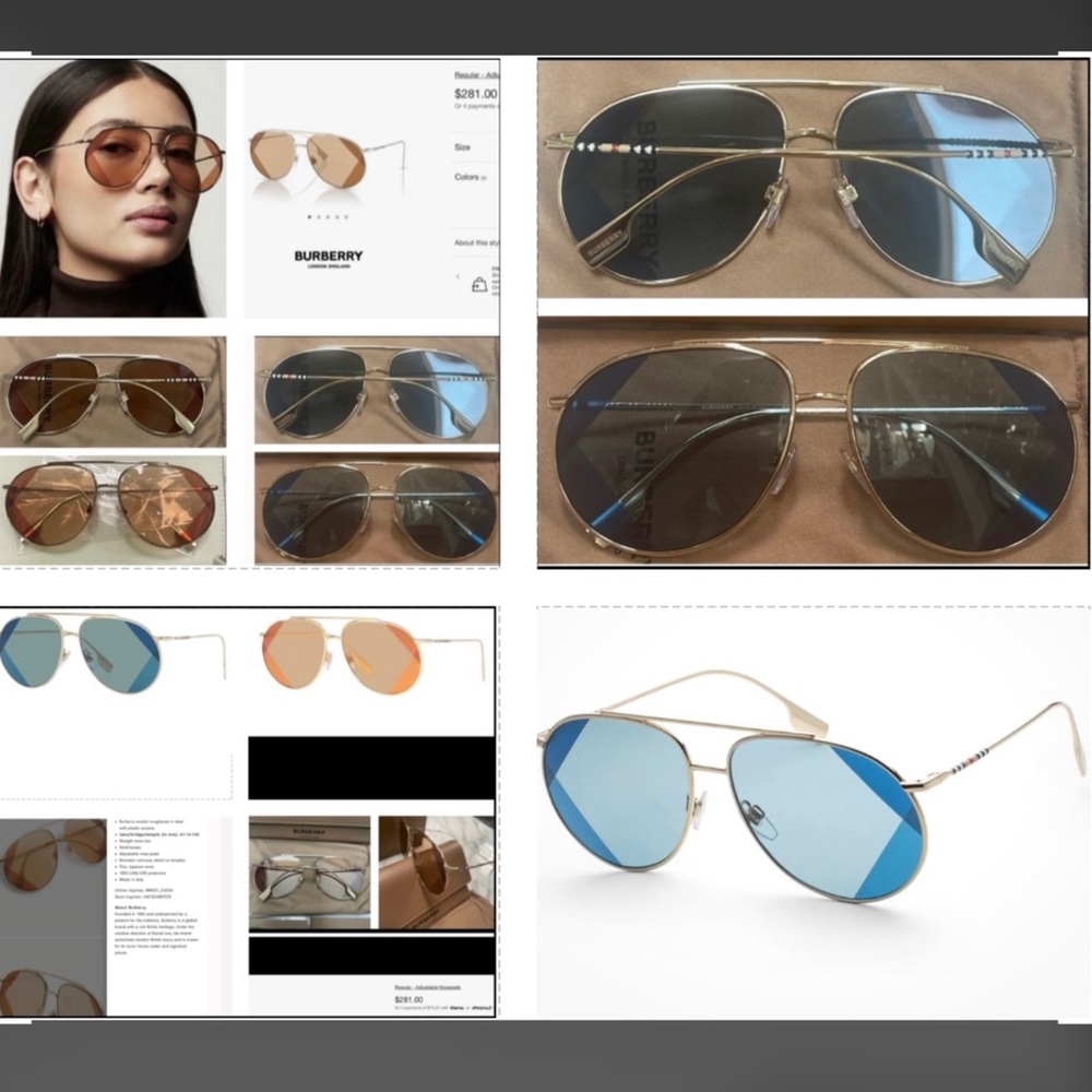 BURBERRY PILOT GOLD- TONE METAL AVIATORS WITH 2 TONE DESIGN DETAILING ON LENSES